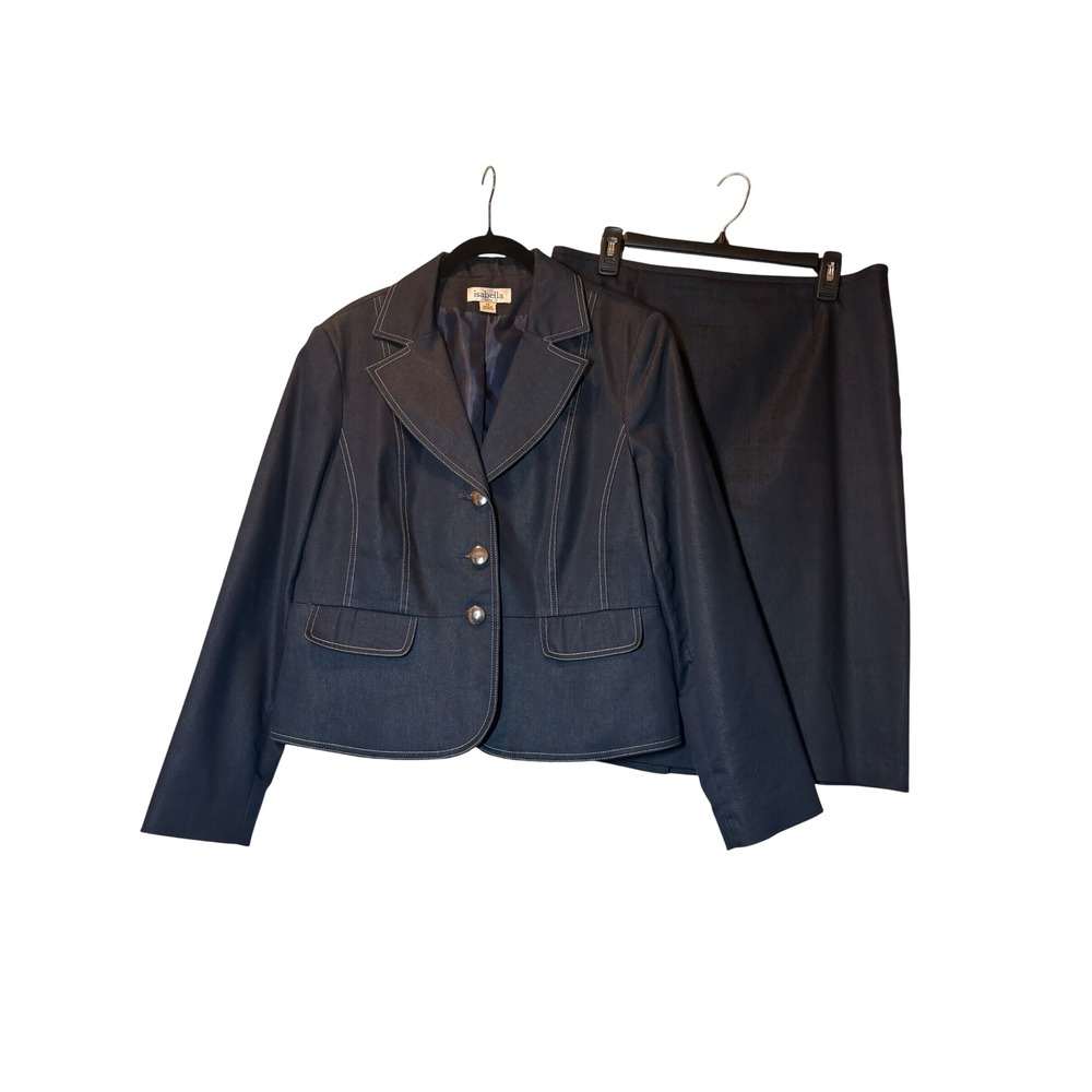 Isabella Suits Womens 14 Indigo Blue Skirt Suit Set Blazer Pencil Skirt Stretch